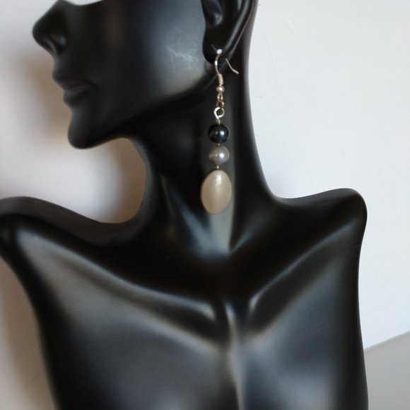 Handmade Black Beige Oblong Earrings with Grey Faux Pearls & Silver Tone Hooks - Picture 1 of 16